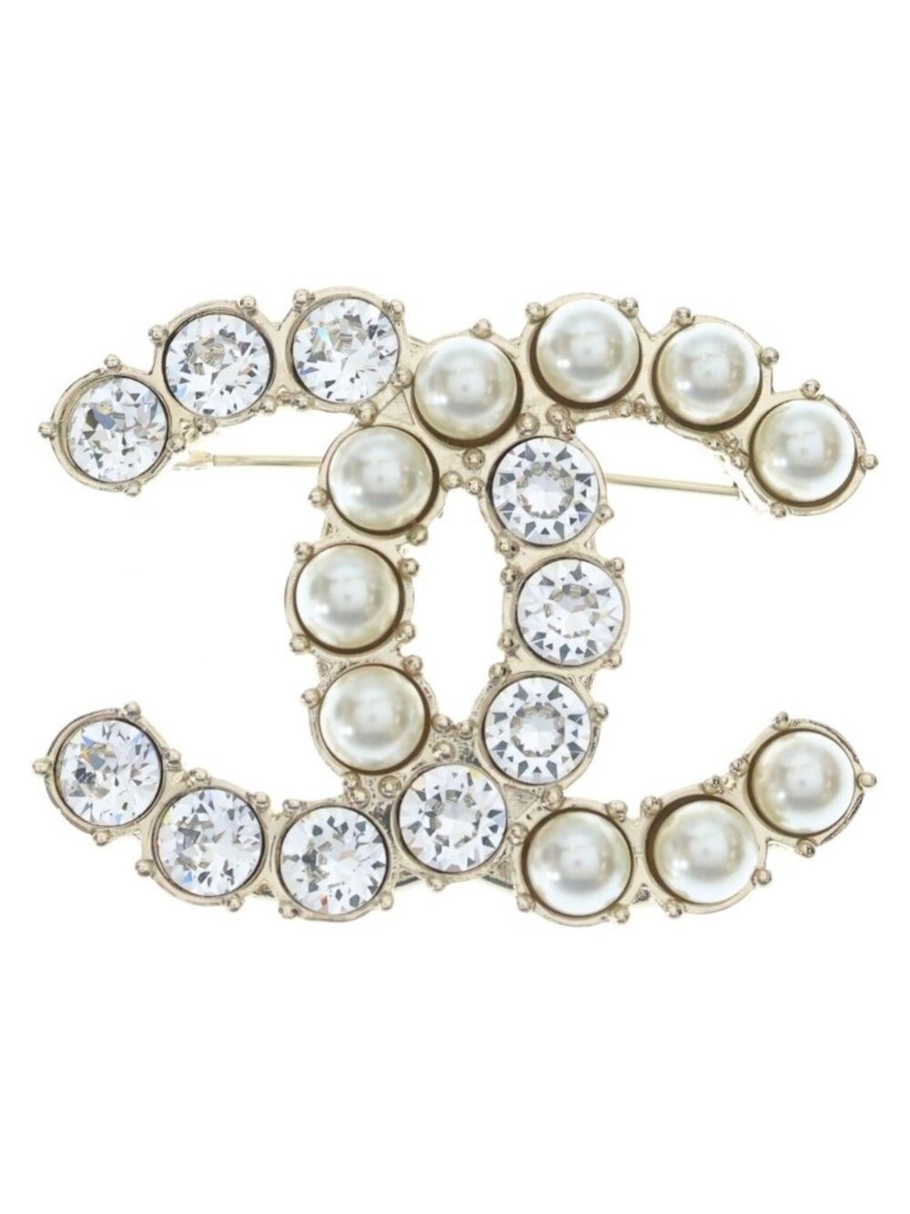 Chanel CC Logo Brooch Pin Badge Gold White Rhinestone Faux Pearl